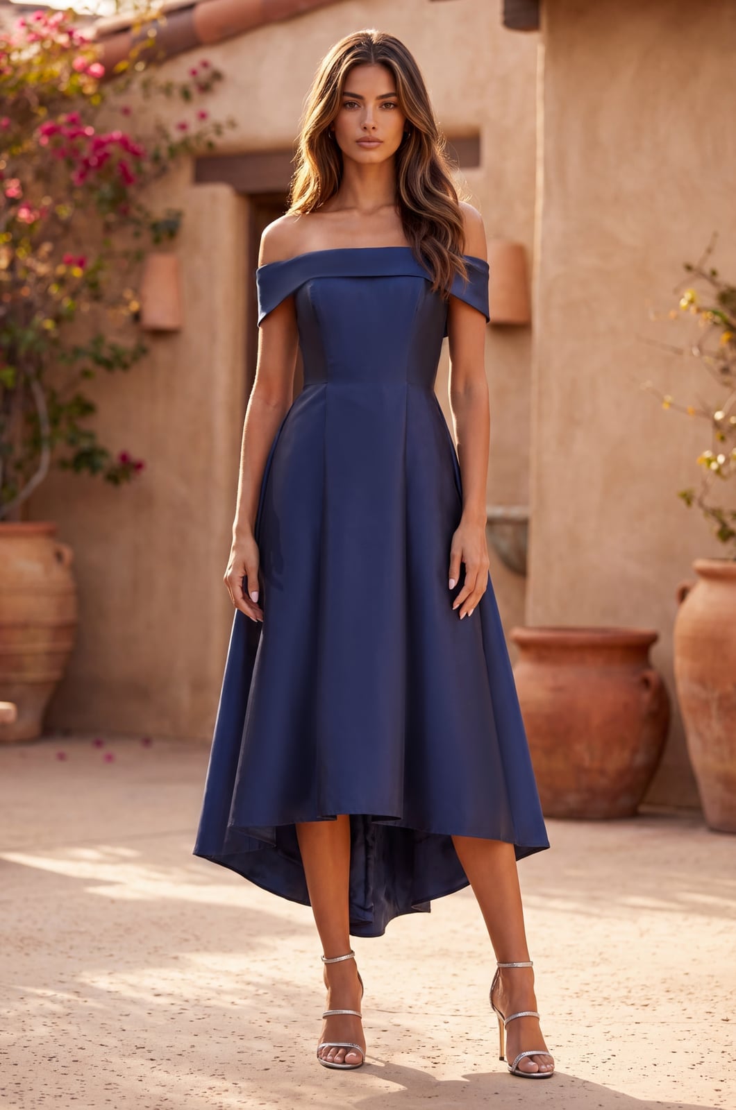 Navy Blue Off-Shoulder Satin Cocktail Dress — Satin Dinner Dress 2027