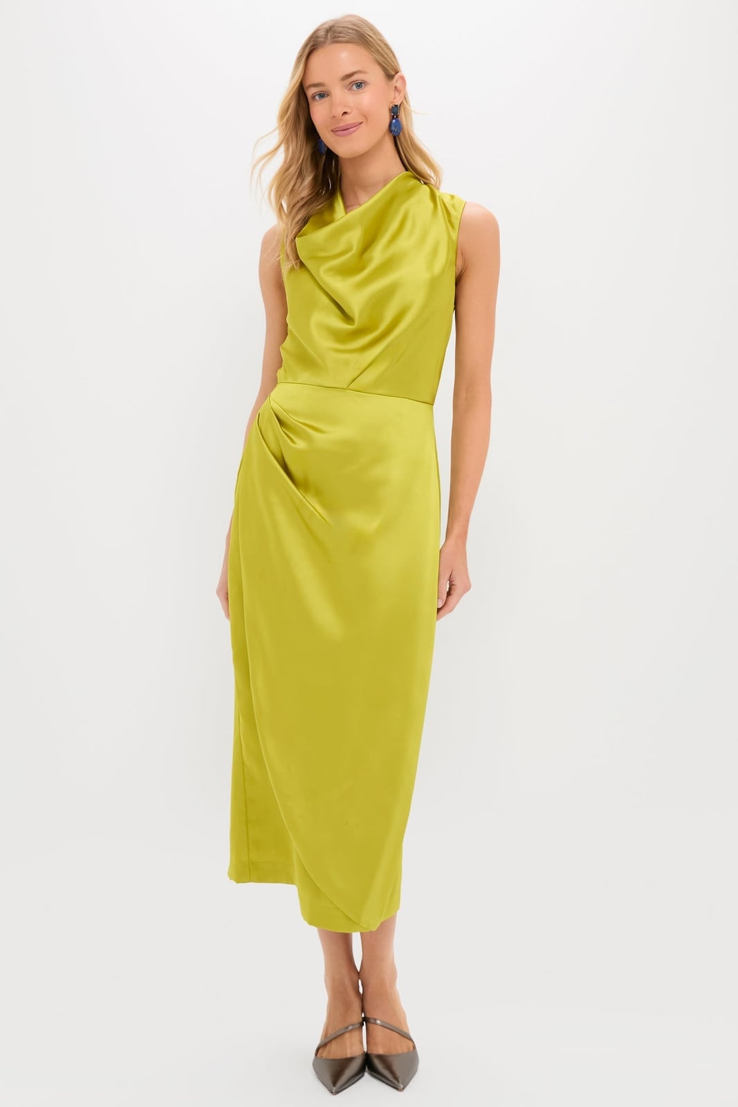 Chartreuse Satin Sheath Dress with Draped Skirt — Satin Dinner Dress 2027