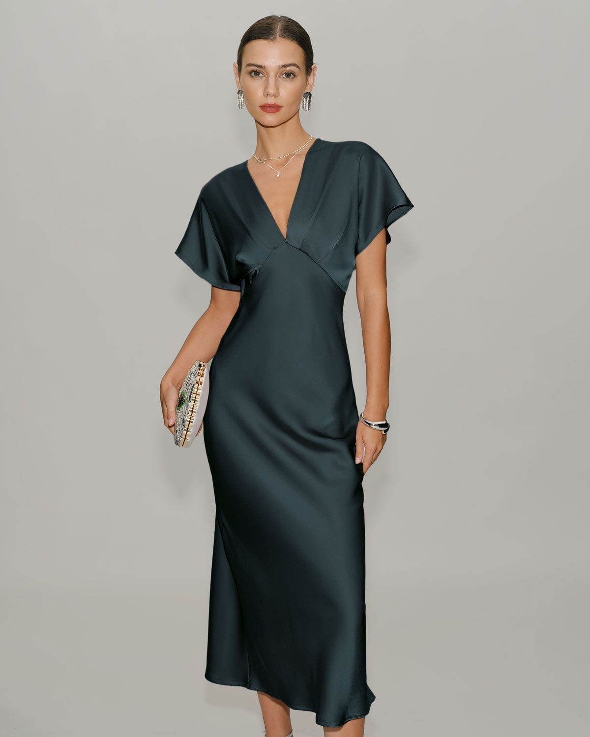 Dark Green Satin Midi Dress with Flutter Sleeves — Satin Dinner Dress 2027