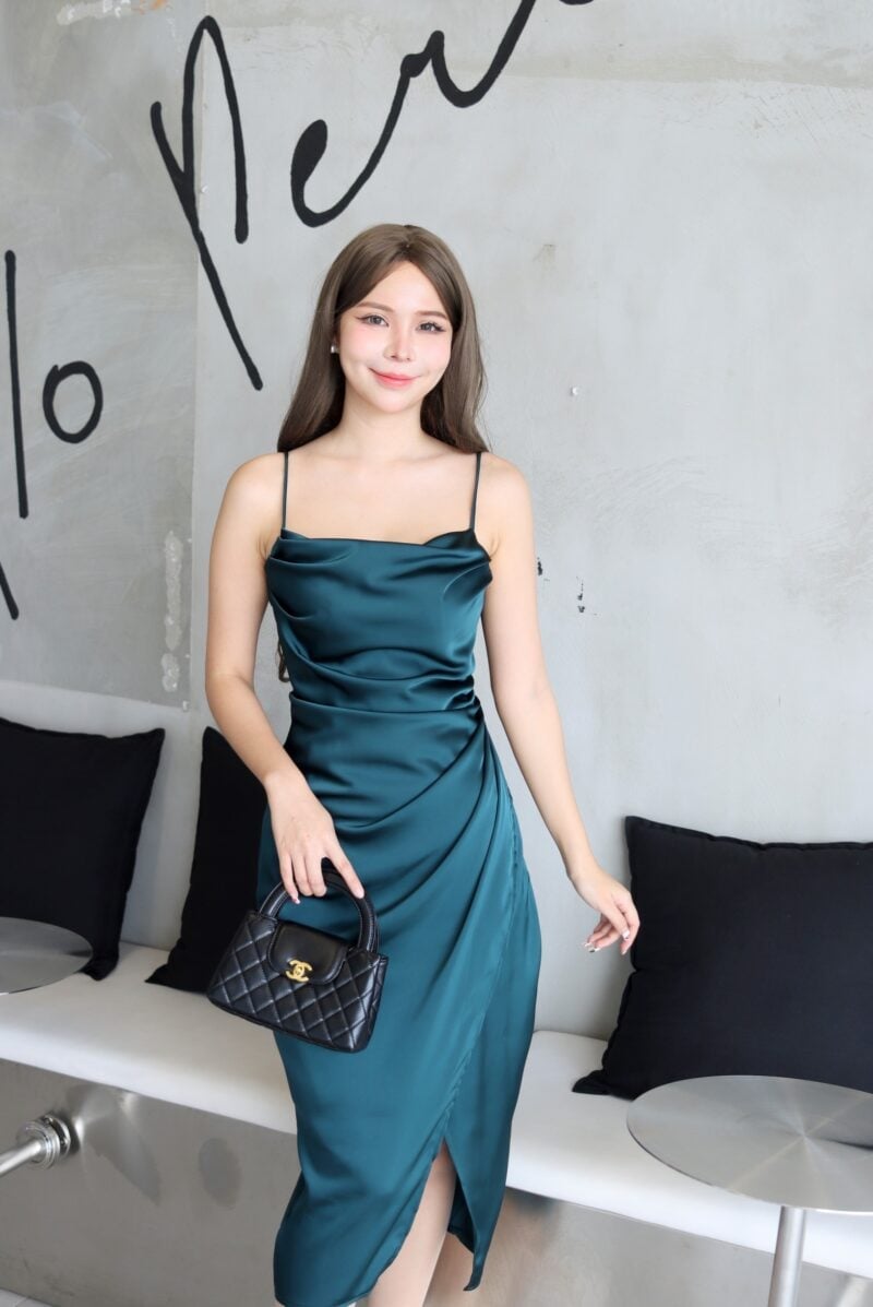 Teal Satin Midi Dress with Draped Wrap Skirt, Black Quilted Handbag — Satin Dinner Dress 2027