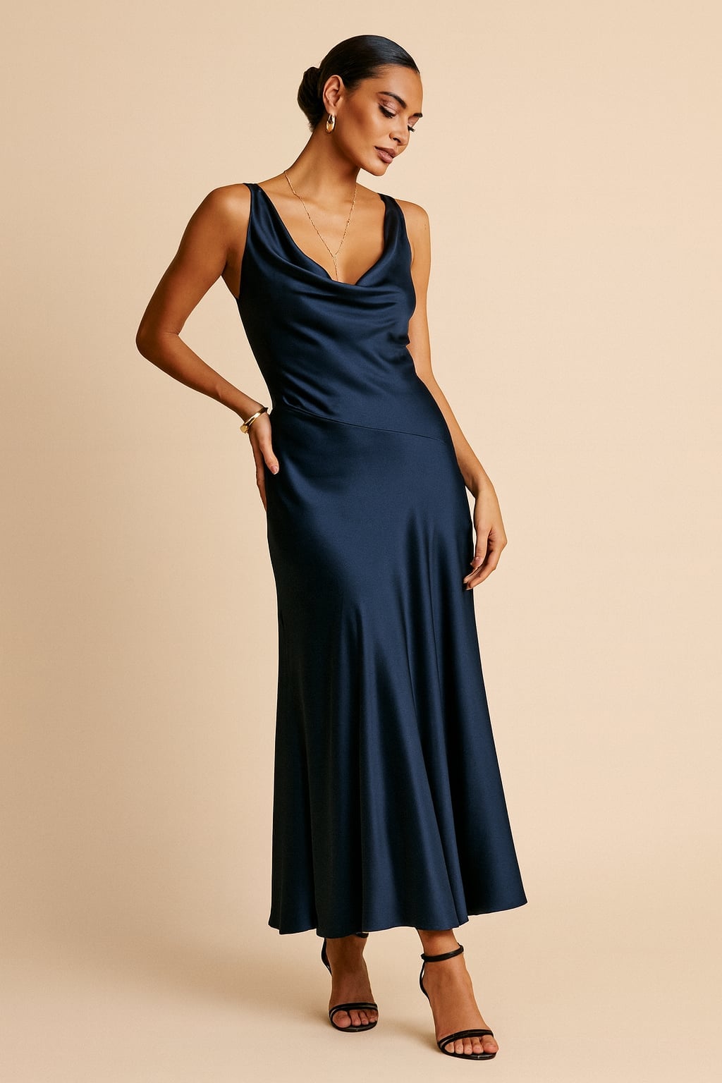 Navy Blue Satin Maxi Dress with Cowl Neck — Satin Dinner Dress 2027