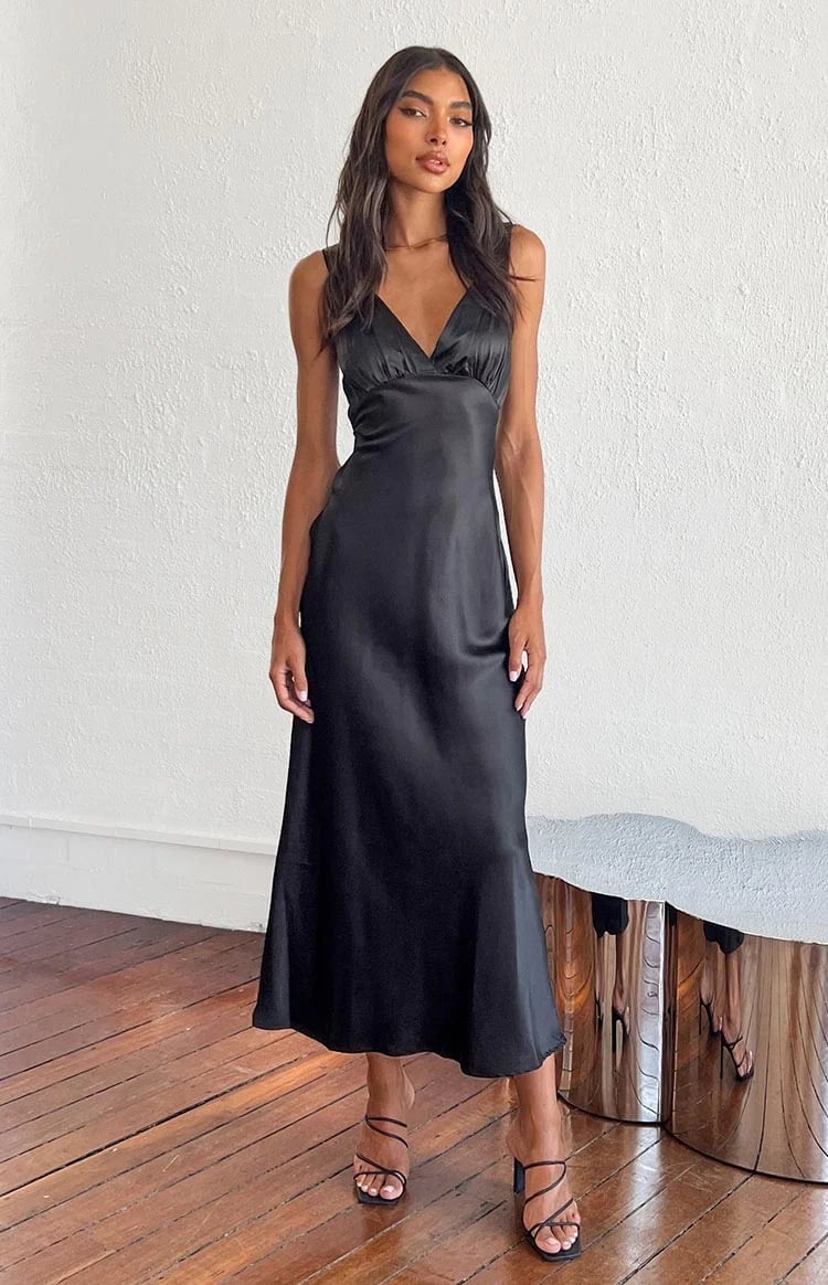 Black Satin Bias Cut Slip Dress, Strappy Heeled Sandals — Satin Dinner Dress 2027