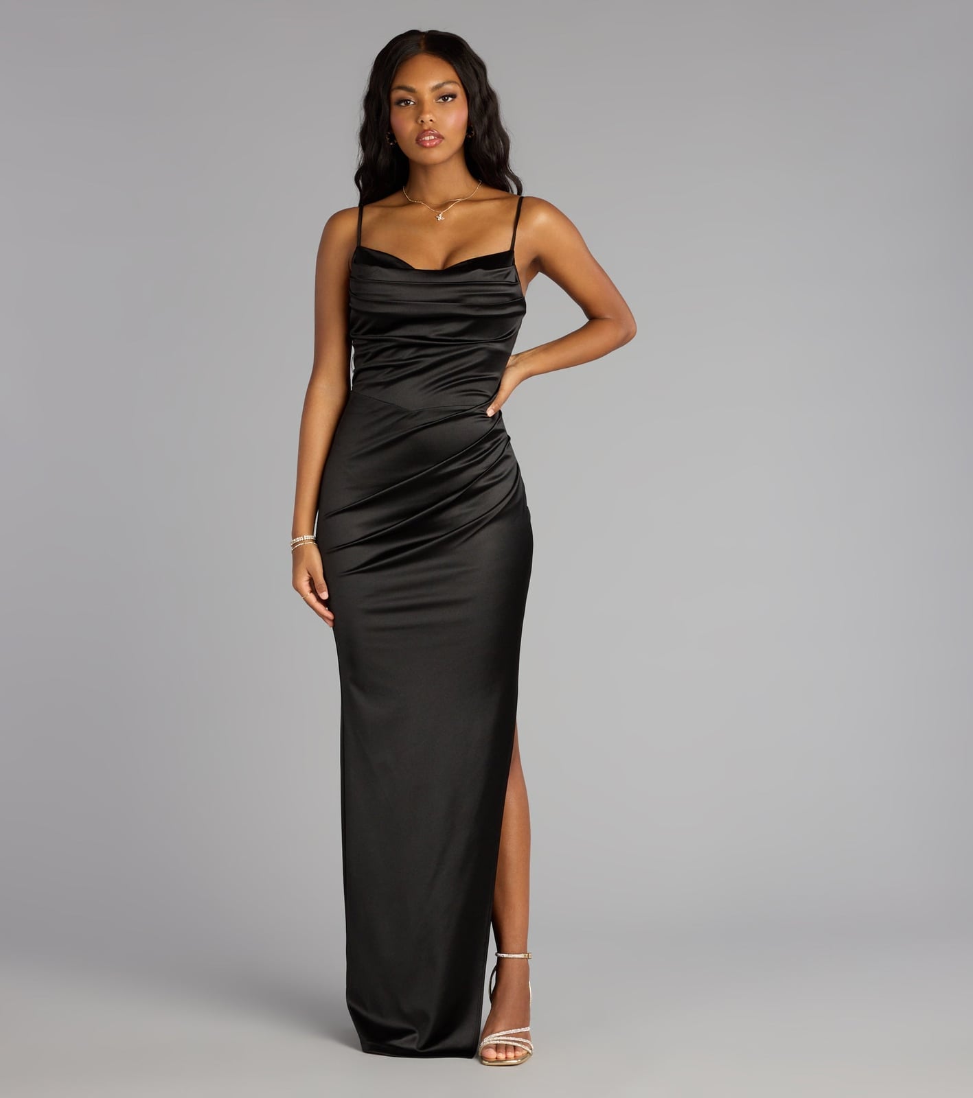 Black Satin Evening Gown with High Side Slit — Satin Dinner Dress 2027