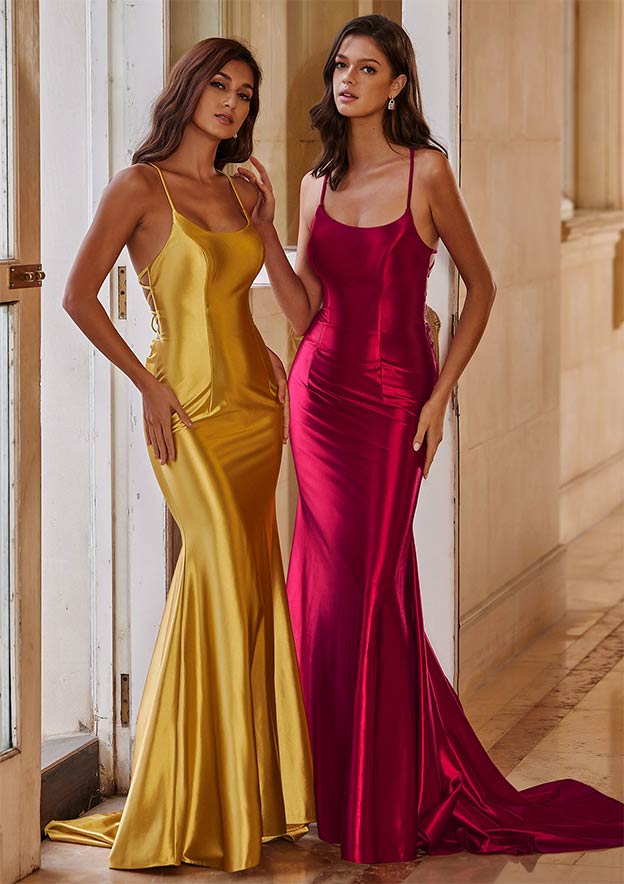 Gold and Magenta Satin Mermaid Dresses — Satin Dinner Dress 2027