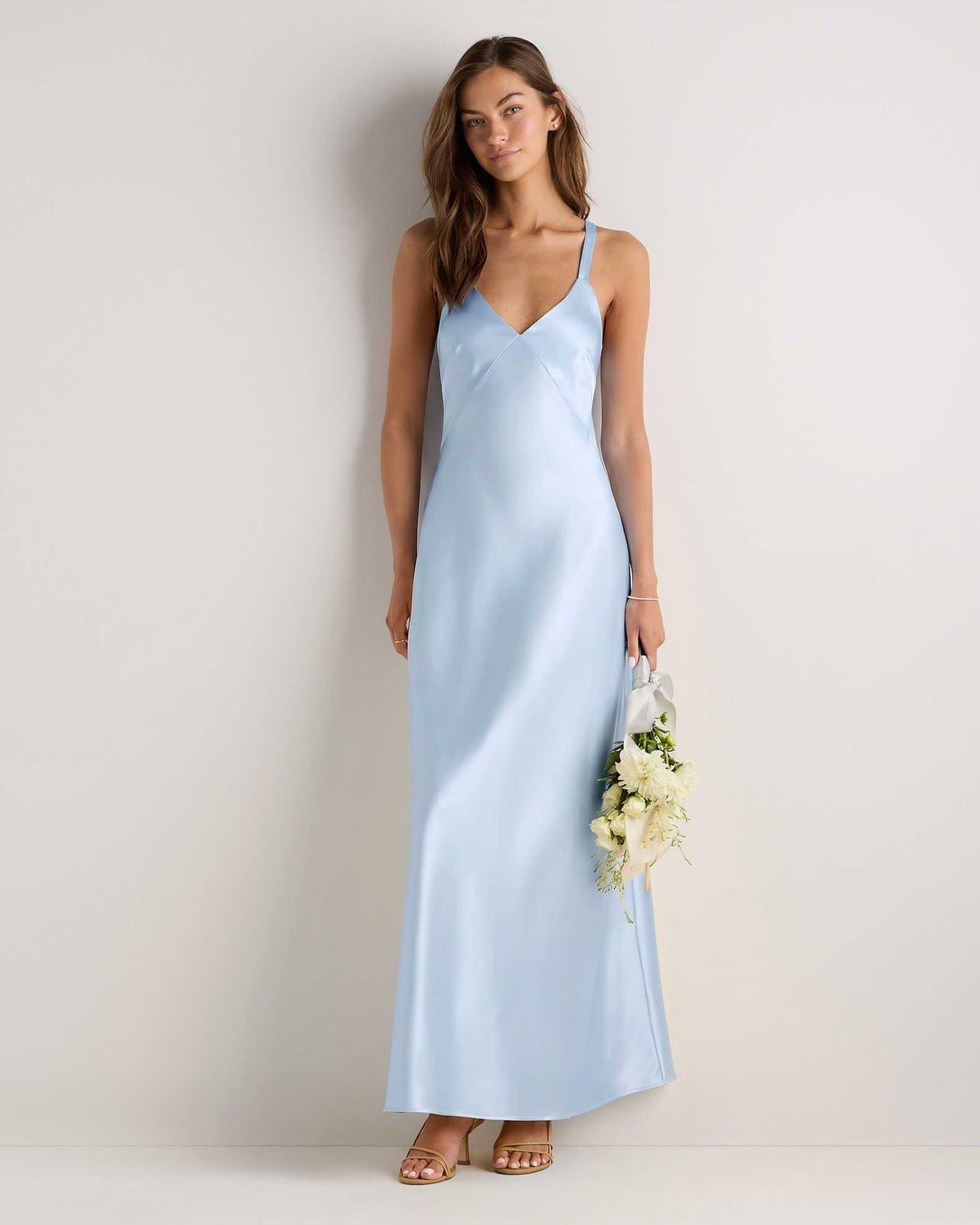 Pale Blue Satin Slip Dress with Flowing Silhouette — Satin Dinner Dress 2027