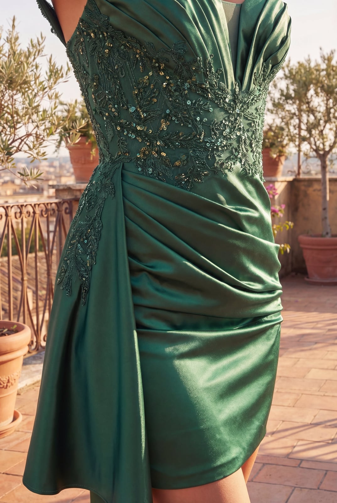 Emerald Green Satin Dress with Embellished Bodice — Satin Dinner Dress 2027