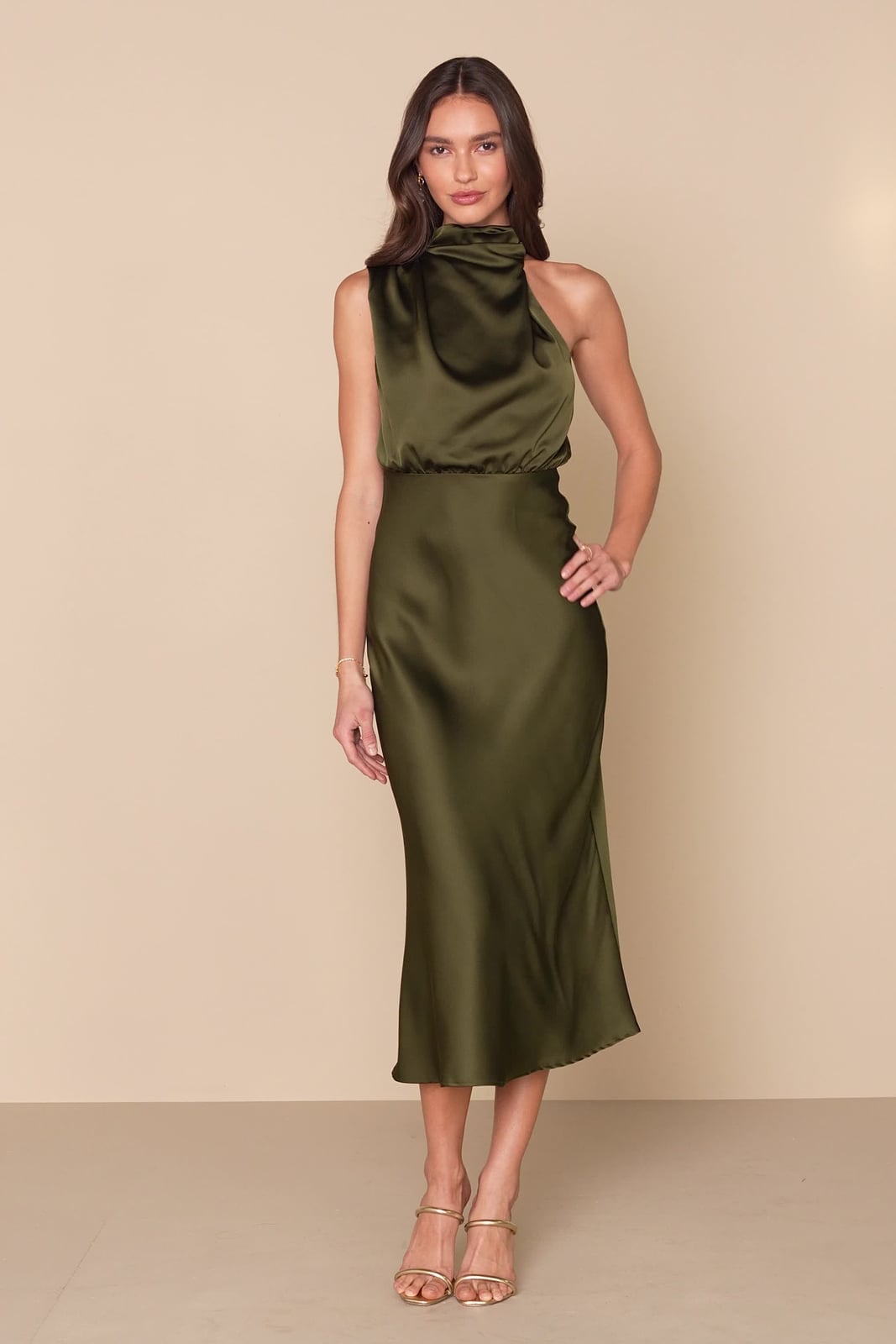 Olive Green Satin Midi Dress with Mock Neck — Satin Dinner Dress 2027
