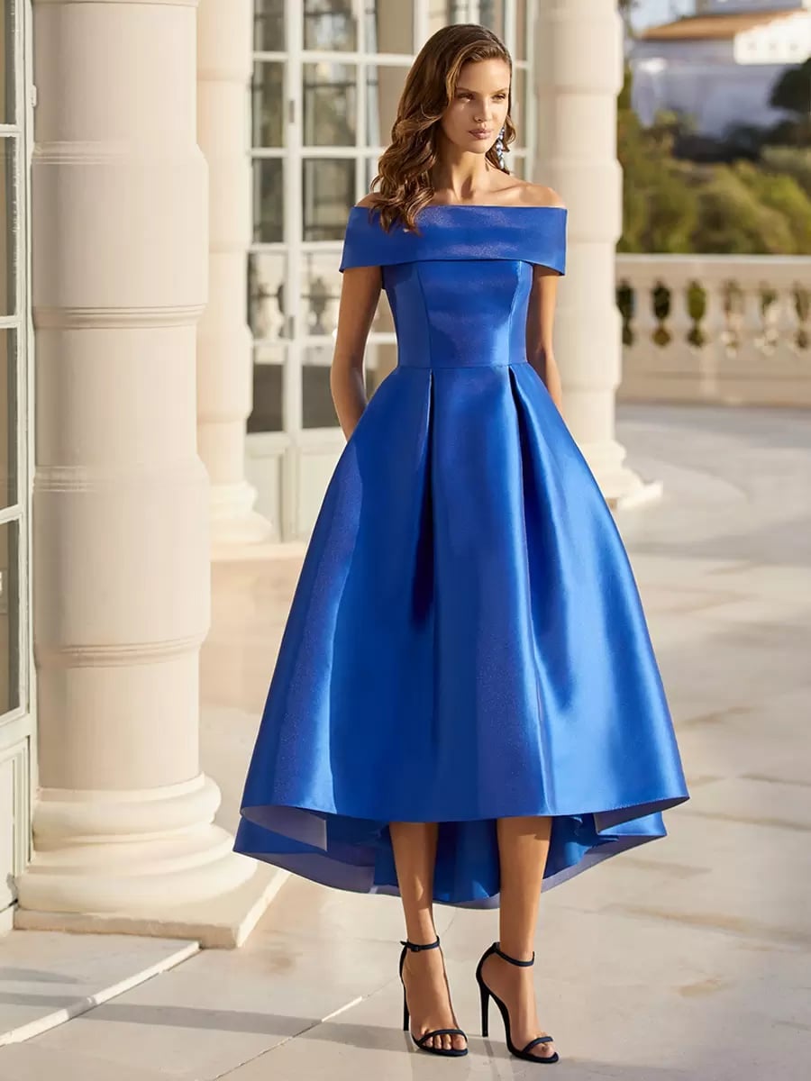 Royal Blue Off-the-Shoulder Satin Dress — Satin Dinner Dress 2027