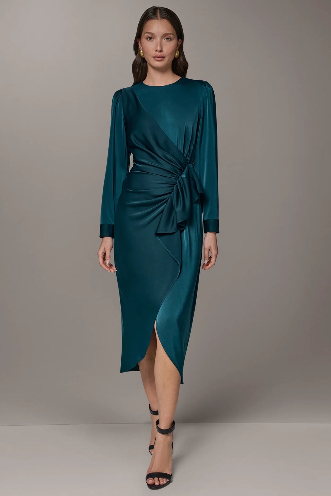 Deep Teal Satin Midi Dress with Draped Front — Satin Dinner Dress 2027