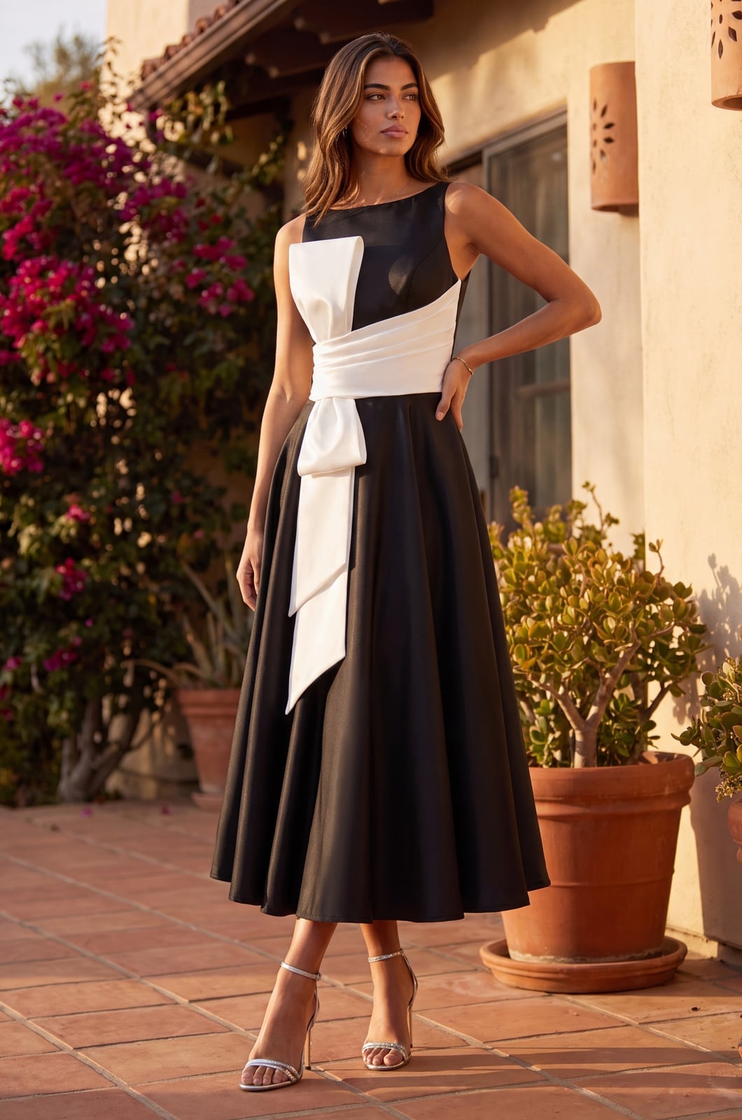 Black and White Satin Midi Dress with Sash — Satin Dinner Dress 2027