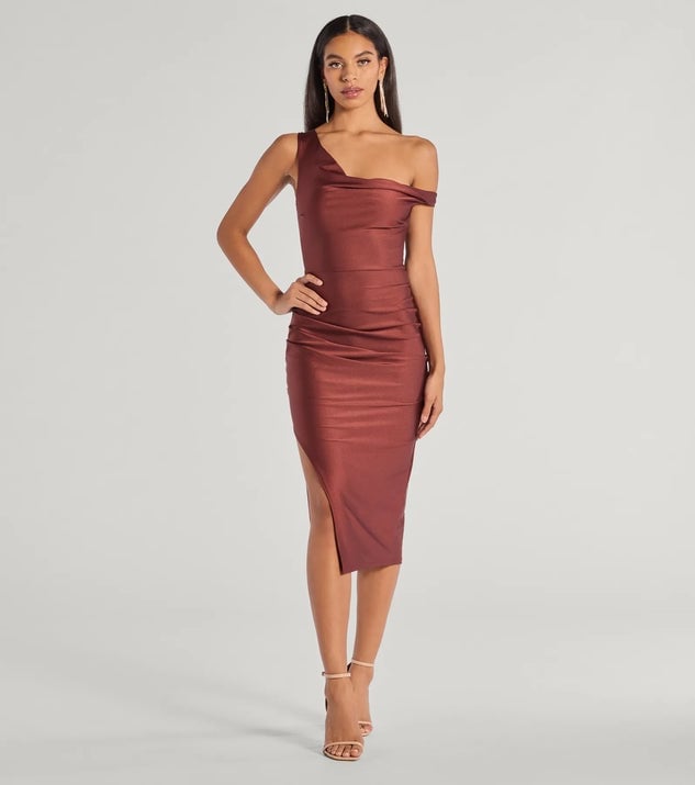 Bronze metallic knit one-shoulder dress, Close-Up Take Bronze metallic knit one-shoulder dress, Close-Up Take — Semi Formal Dress 2027 for School Dance
