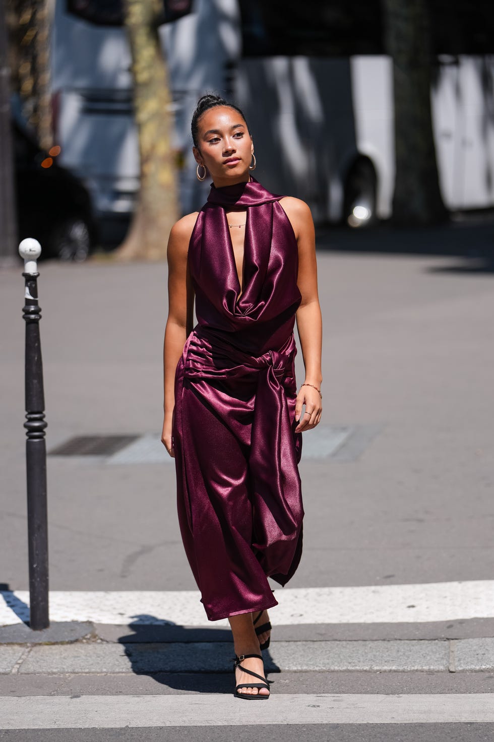 Deep plum satin wrap dress with draped halter, Office-Safe Version Deep plum satin wrap dress with draped halter, Office-Safe Version — Semi Formal Dress 2027 for School Dance