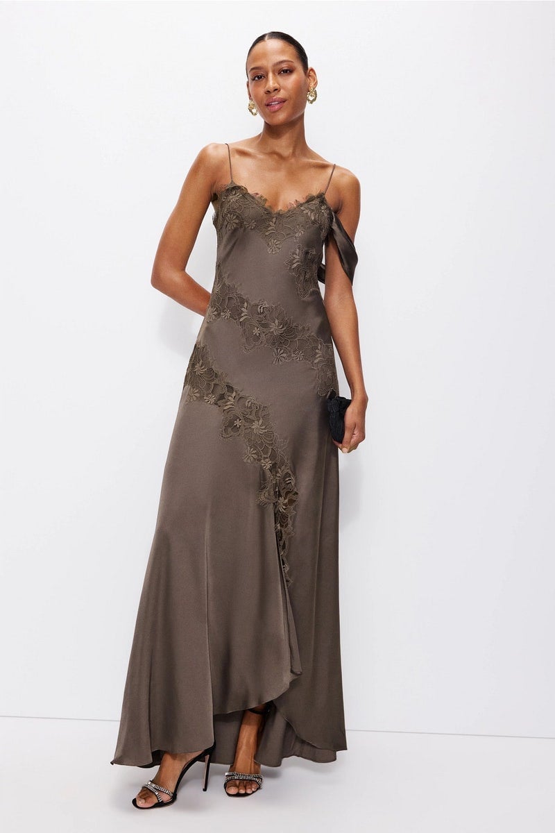 Taupe satin slip dress with olive green lace trim Taupe satin slip dress with olive green lace trim — Semi Formal Dress 2027 for School Dance