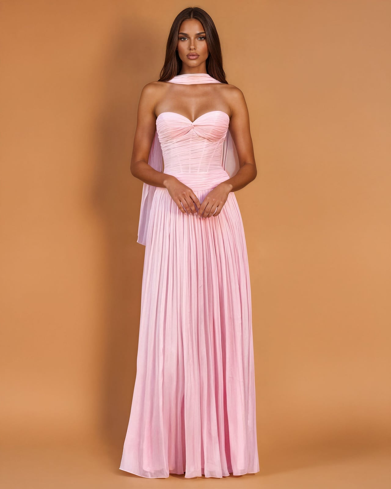 Pale pink strapless gown with draped chiffon overlay Pale pink strapless gown with draped chiffon overlay — Semi Formal Dress 2027 for School Dance