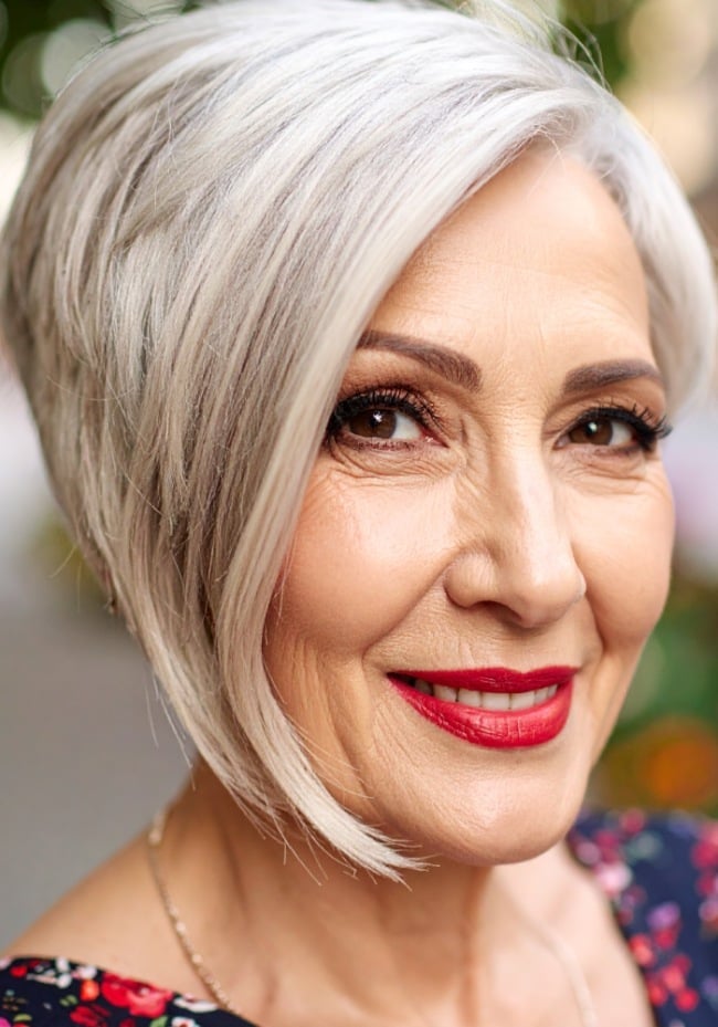 Angled Gray Bob With Soft Side Bangs, Ending At The Chin — Senior Picture Hairstyles 2027