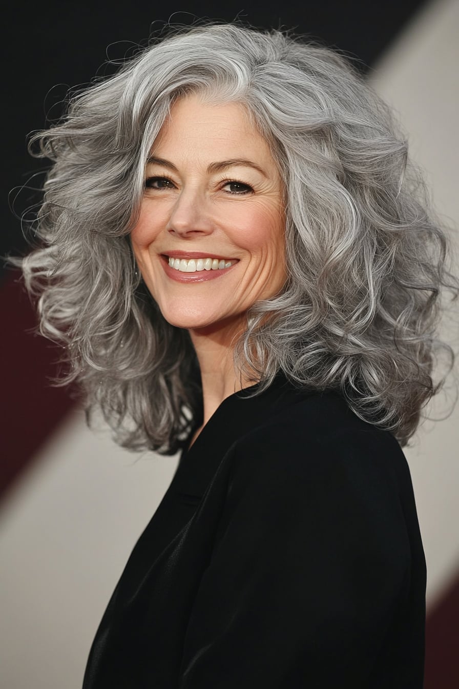 Long Silver Gray Hair With Loose Curls — Senior Picture Hairstyles 2027