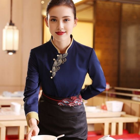 Fitted Navy Blouse With Gold Trim And Black Apron Fitted Navy Blouse With Gold Trim And Black Apron — Server Outfits 2027