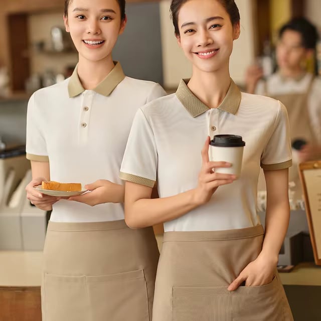 White Polo Shirt With Tan Collar And Beige Apron White Polo Shirt With Tan Collar And Beige Apron — Server Outfits 2027