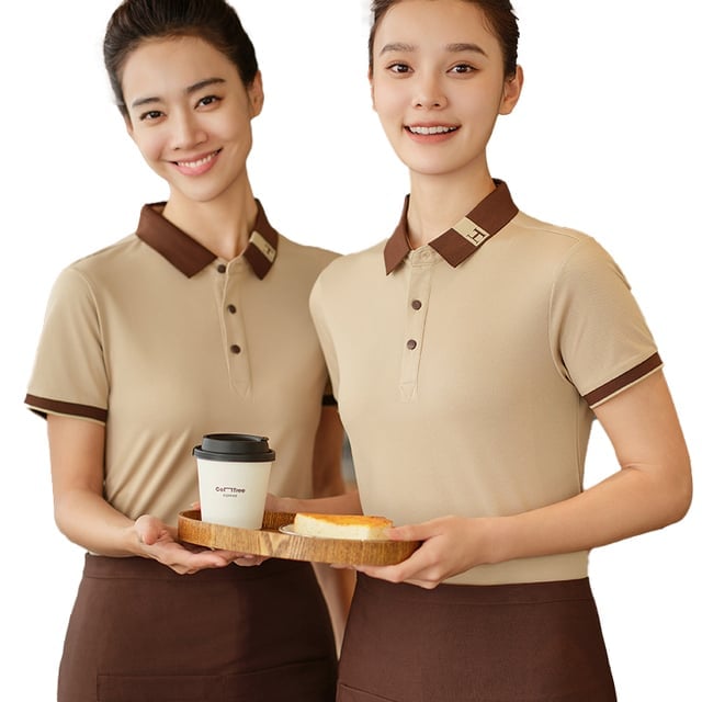 Beige Polo Shirt With Brown Collar And Brown Apron, Cotton Blend Beige Polo Shirt With Brown Collar And Brown Apron, Cotton Blend — Server Outfits 2027