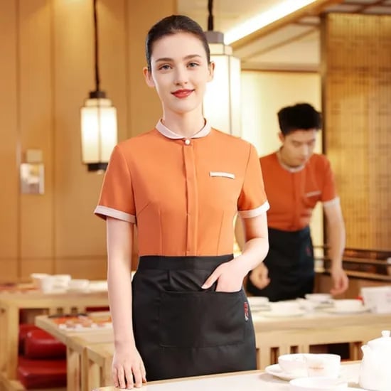 Orange Shirt With Mandarin Collar And Black Apron Orange Shirt With Mandarin Collar And Black Apron — Server Outfits 2027