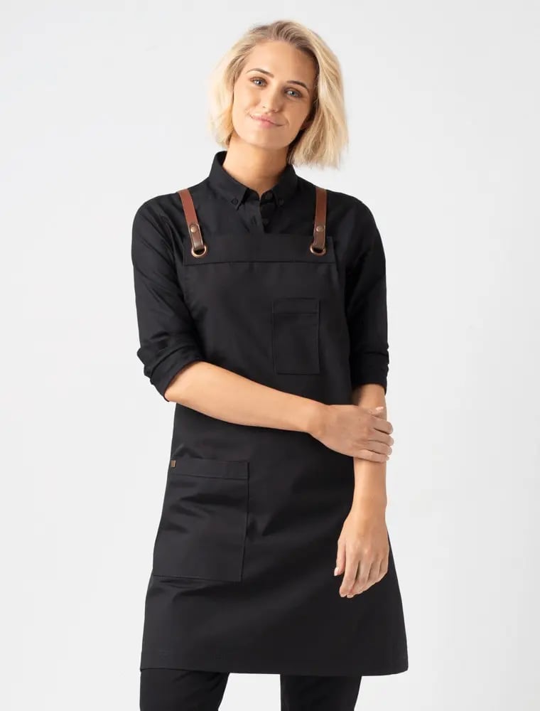 Black Cross-Back Apron With Leather Straps Black Cross-Back Apron With Leather Straps — Server Outfits 2027