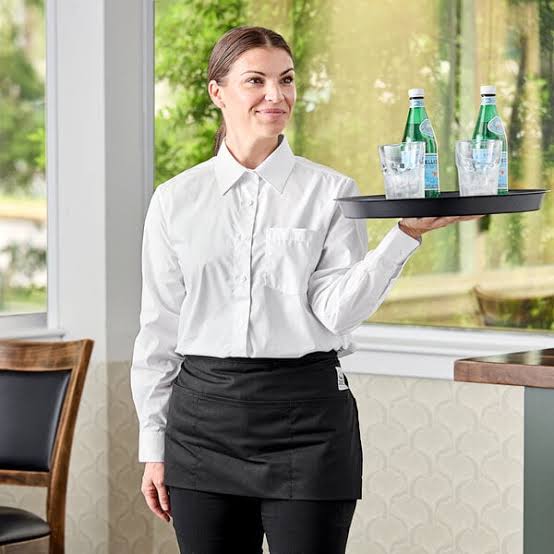 White Button-Down Shirt With Black Half Apron White Button-Down Shirt With Black Half Apron — Server Outfits 2027