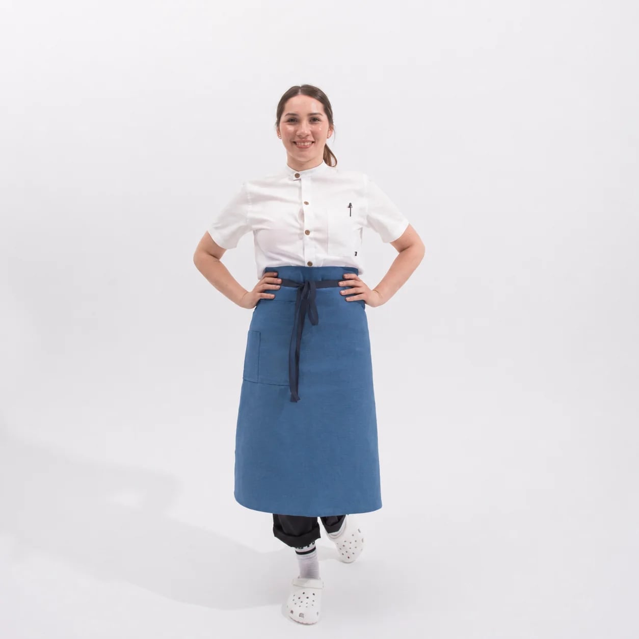 White Shirt With Blue Denim Apron And Black Trousers White Shirt With Blue Denim Apron And Black Trousers — Server Outfits 2027