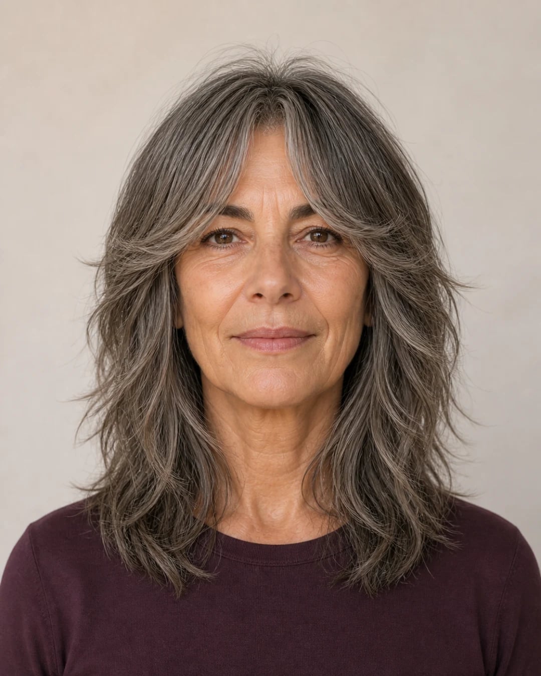 Collarbone Shag With Gray Wavy Texture — Shag 2027 with Curtain Bangs