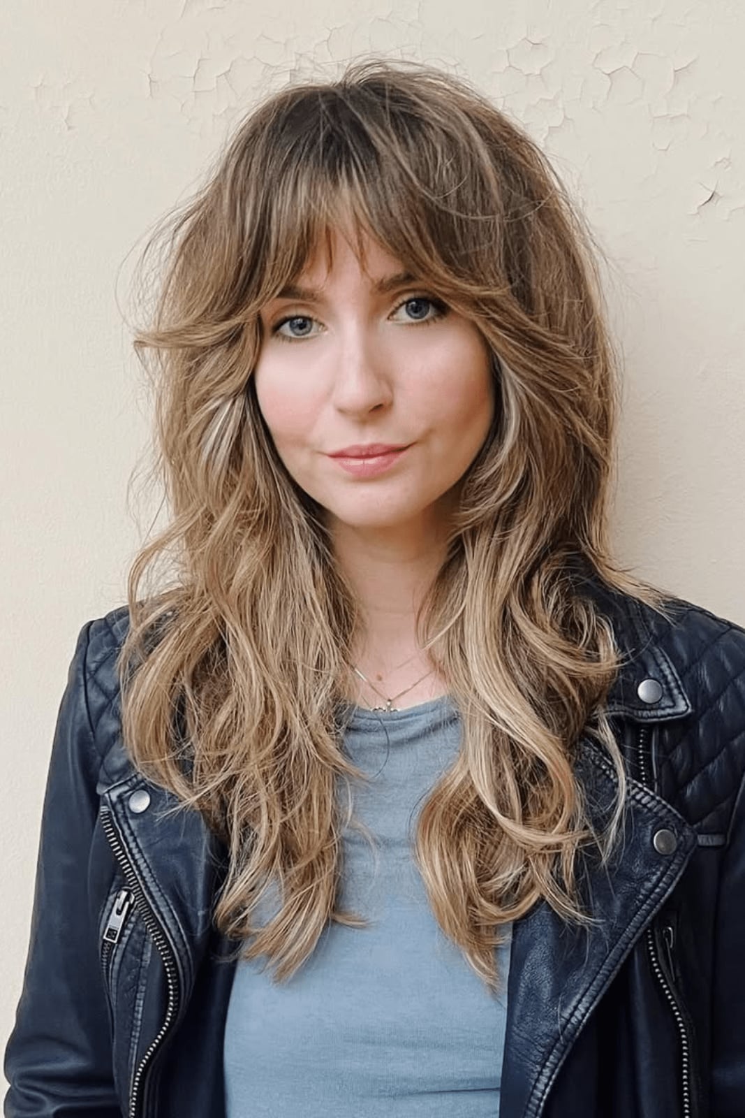 Dark Blonde Mid-Back Shag Face-Framing Layers, Wavy — Shag 2027 with Curtain Bangs