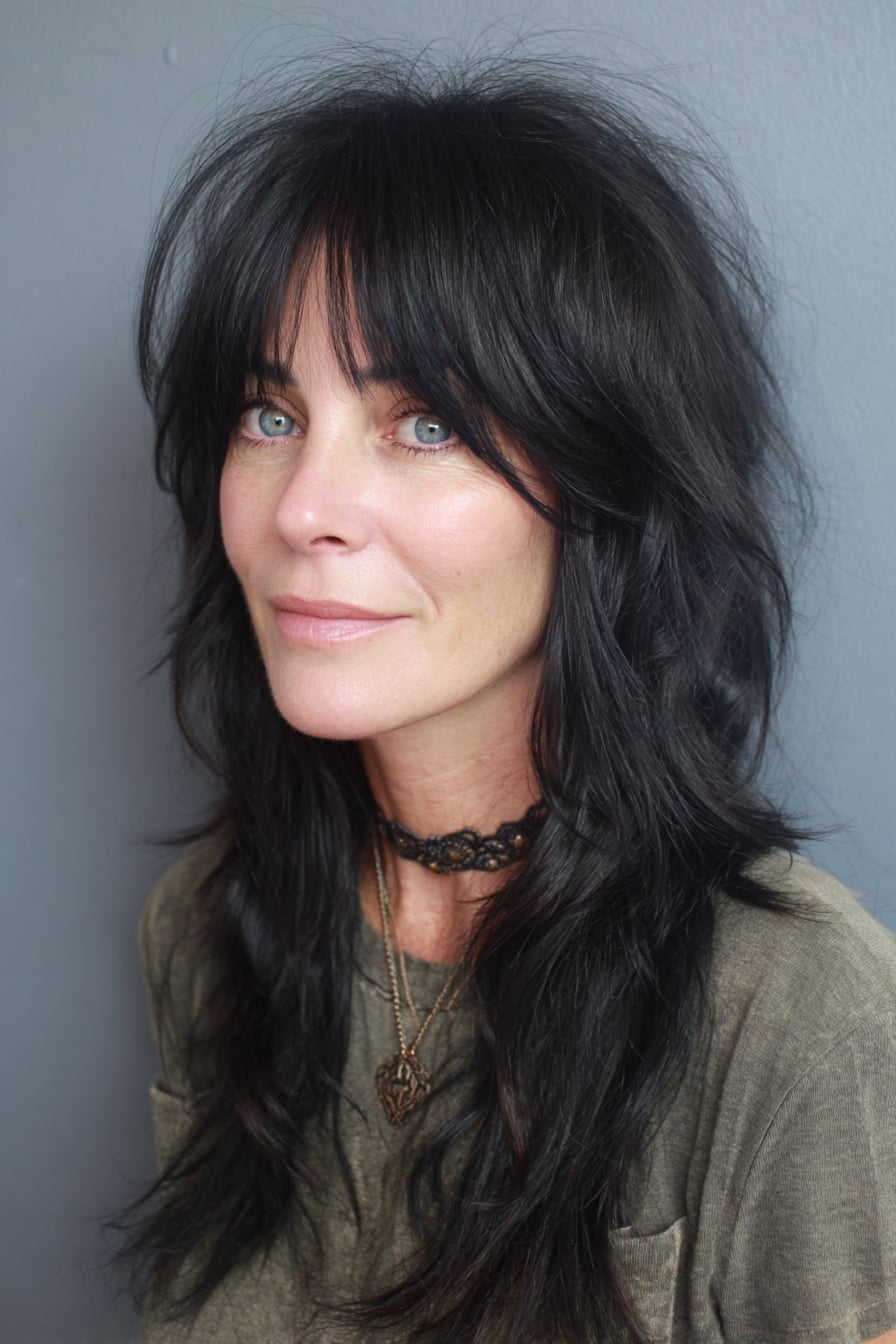 Black Mid-Back Shag With Full Fringe — Shag 2027 with Curtain Bangs