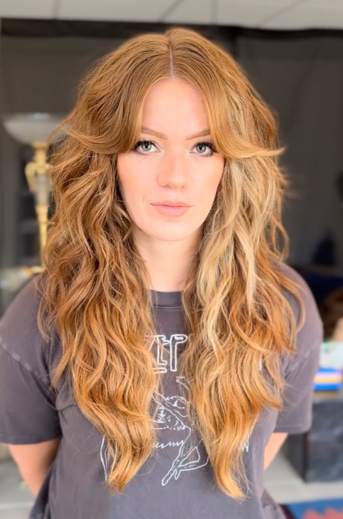 Caramel Blonde Mid-Back Shag Voluminous Waves — Shag 2027 with Curtain Bangs