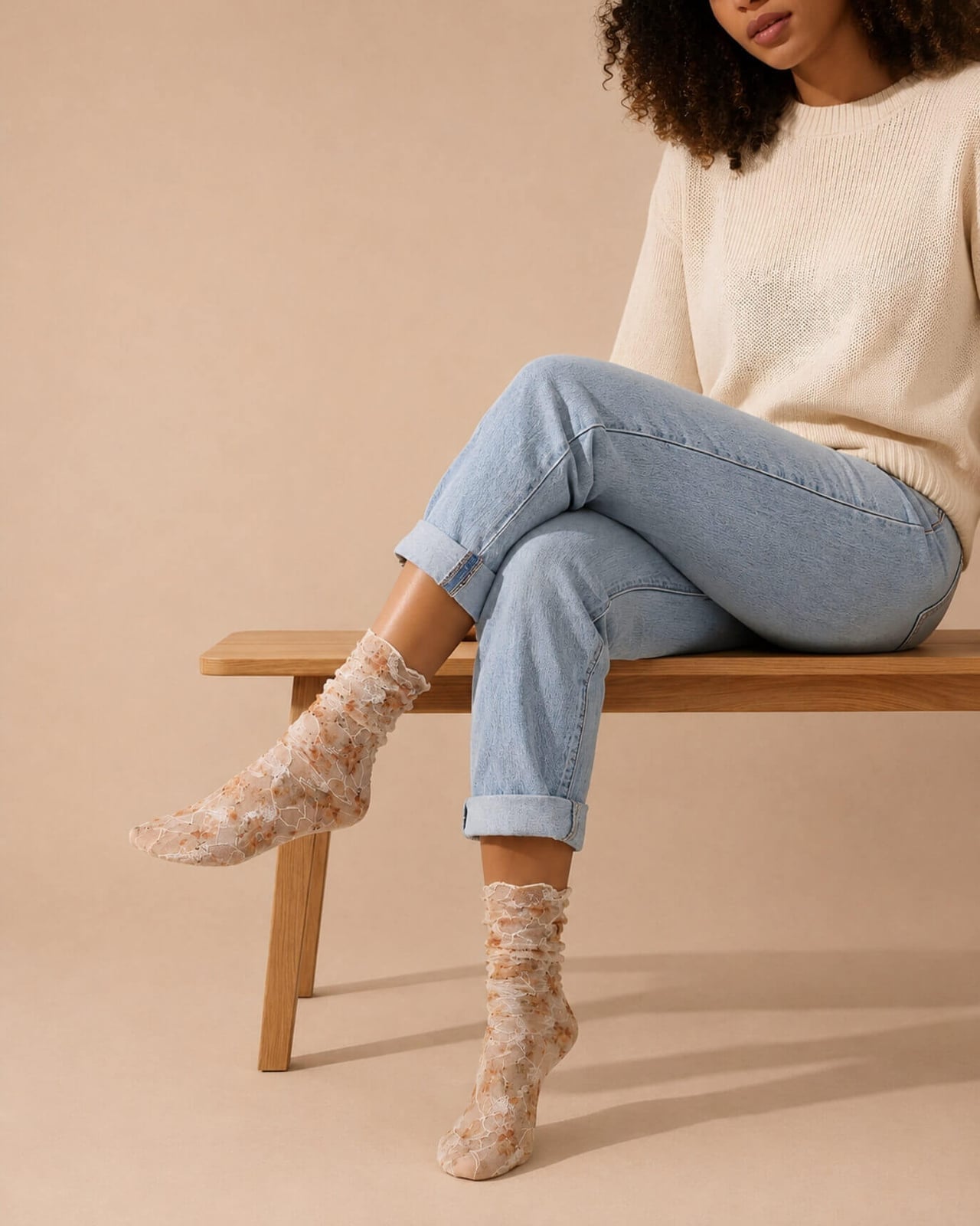 Knit sweater and jeans with floral sheer socks Knit sweater and jeans with floral sheer socks — Sheer Socks Outfits 2027