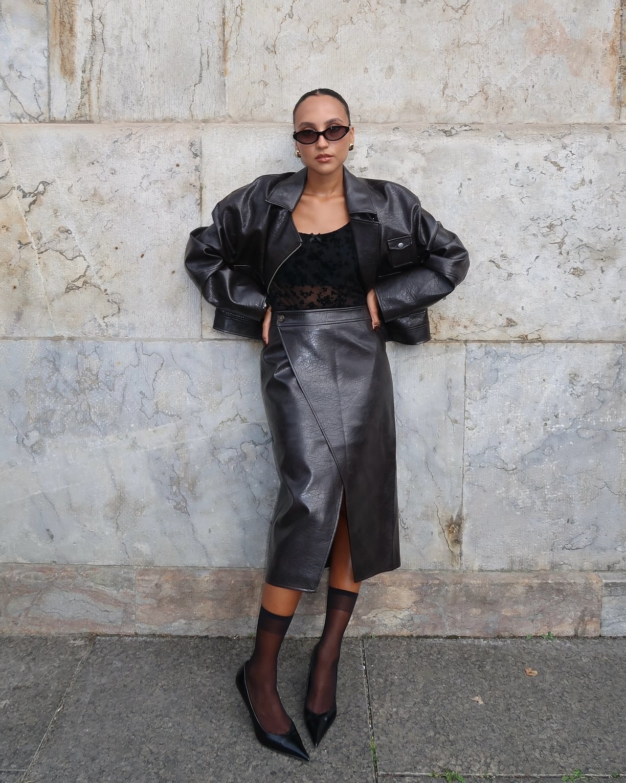 Leather jacket and skirt with sheer patterned top and socks Leather jacket and skirt with sheer patterned top and socks — Sheer Socks Outfits 2027
