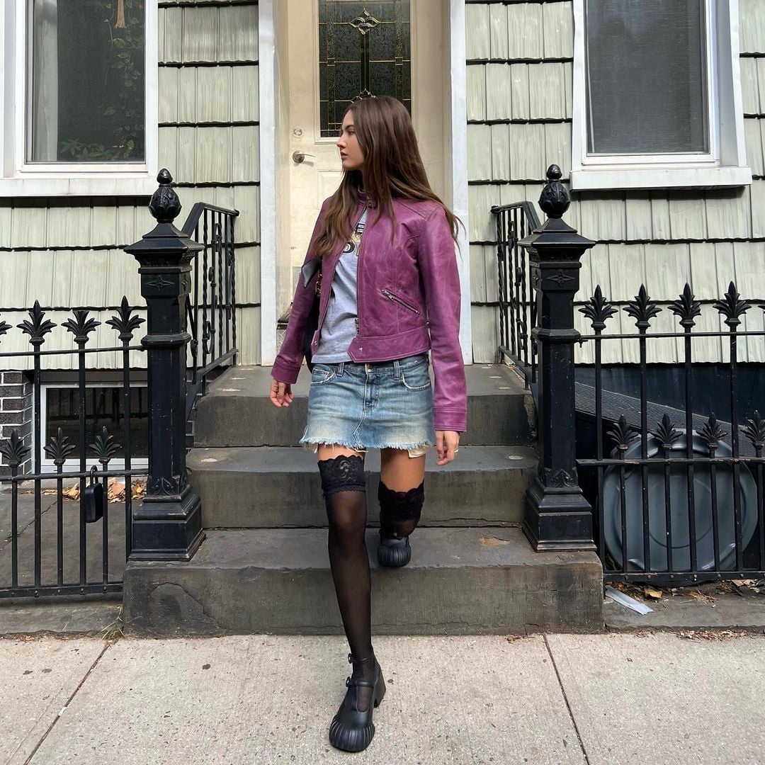 Leather jacket and denim skirt with sheer knee-high socks Leather jacket and denim skirt with sheer knee-high socks — Sheer Socks Outfits 2027