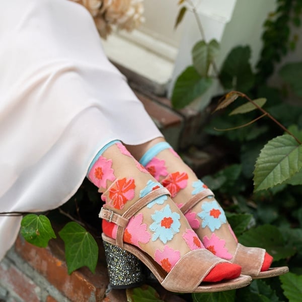 Floral embroidered sheer socks with velvet block heels Floral embroidered sheer socks with velvet block heels — Sheer Socks Outfits 2027