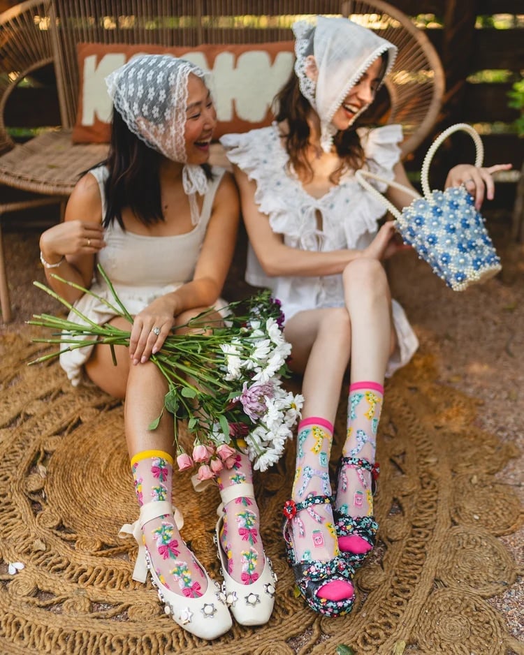 Floral print sheer socks with embellished shoes Floral print sheer socks with embellished shoes — Sheer Socks Outfits 2027