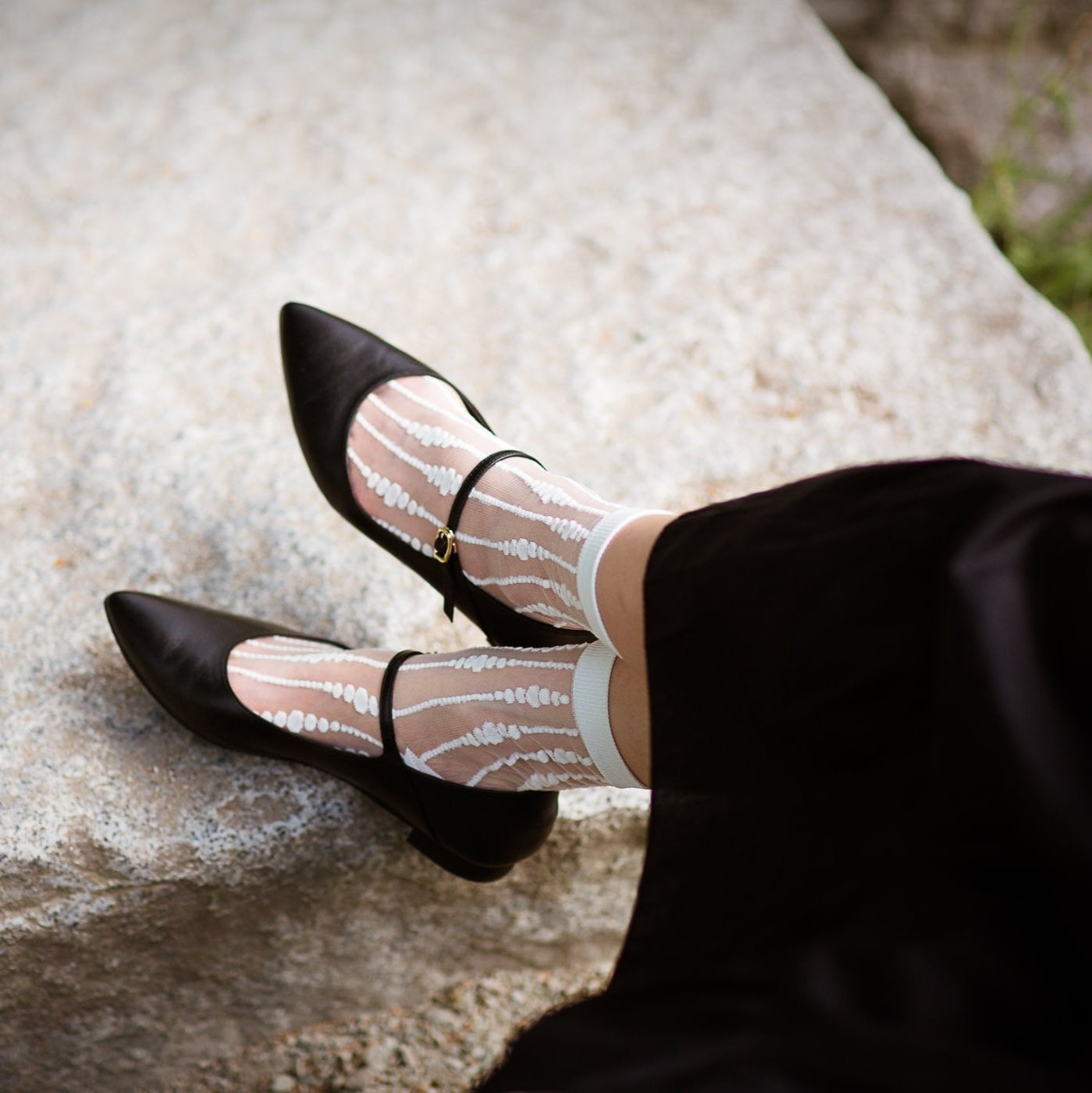 Textured bubble sheer socks with ballet flats Textured bubble sheer socks with ballet flats — Sheer Socks Outfits 2027