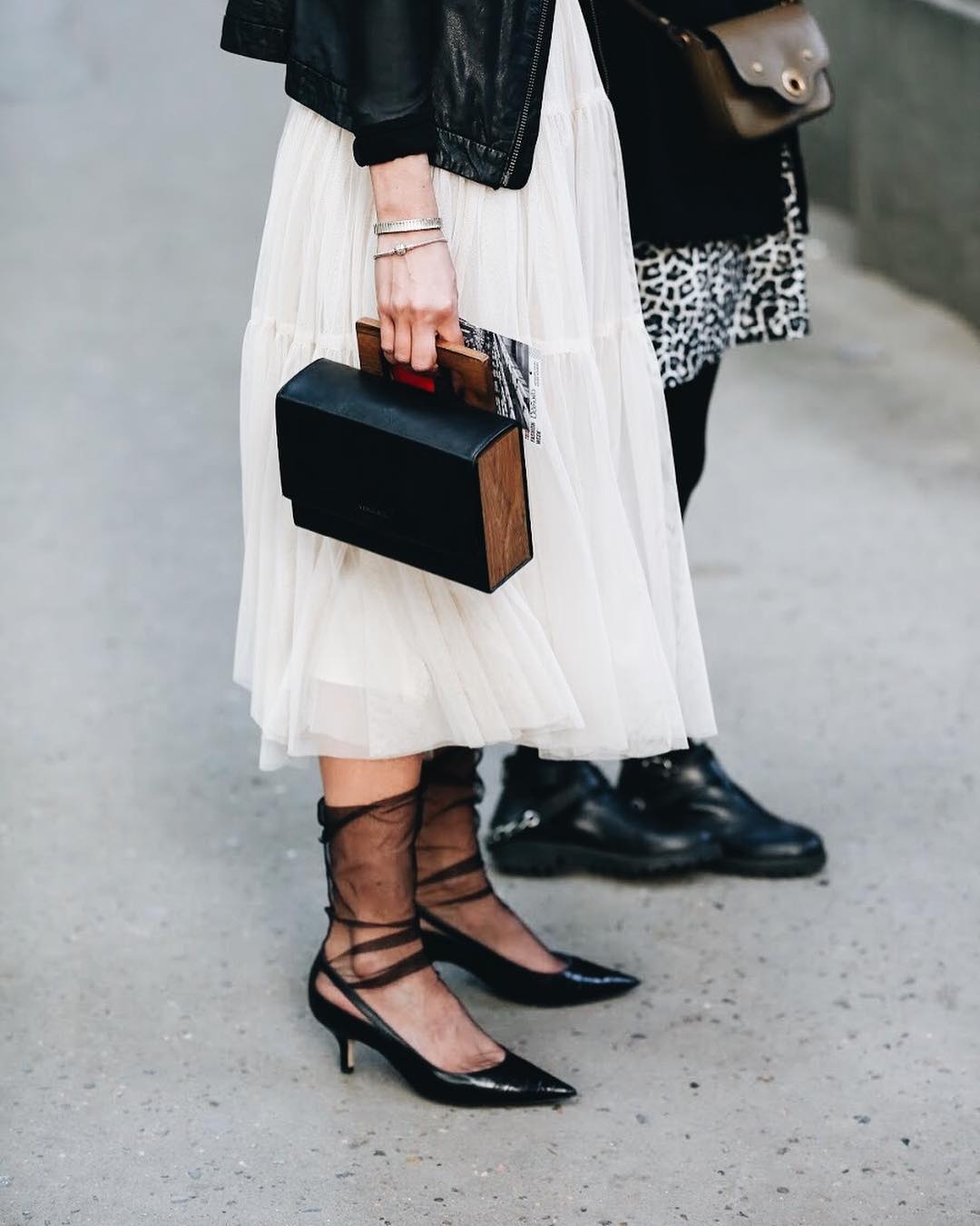 Tiered midi skirt with sheer socks and leather jacket Tiered midi skirt with sheer socks and leather jacket — Sheer Socks Outfits 2027