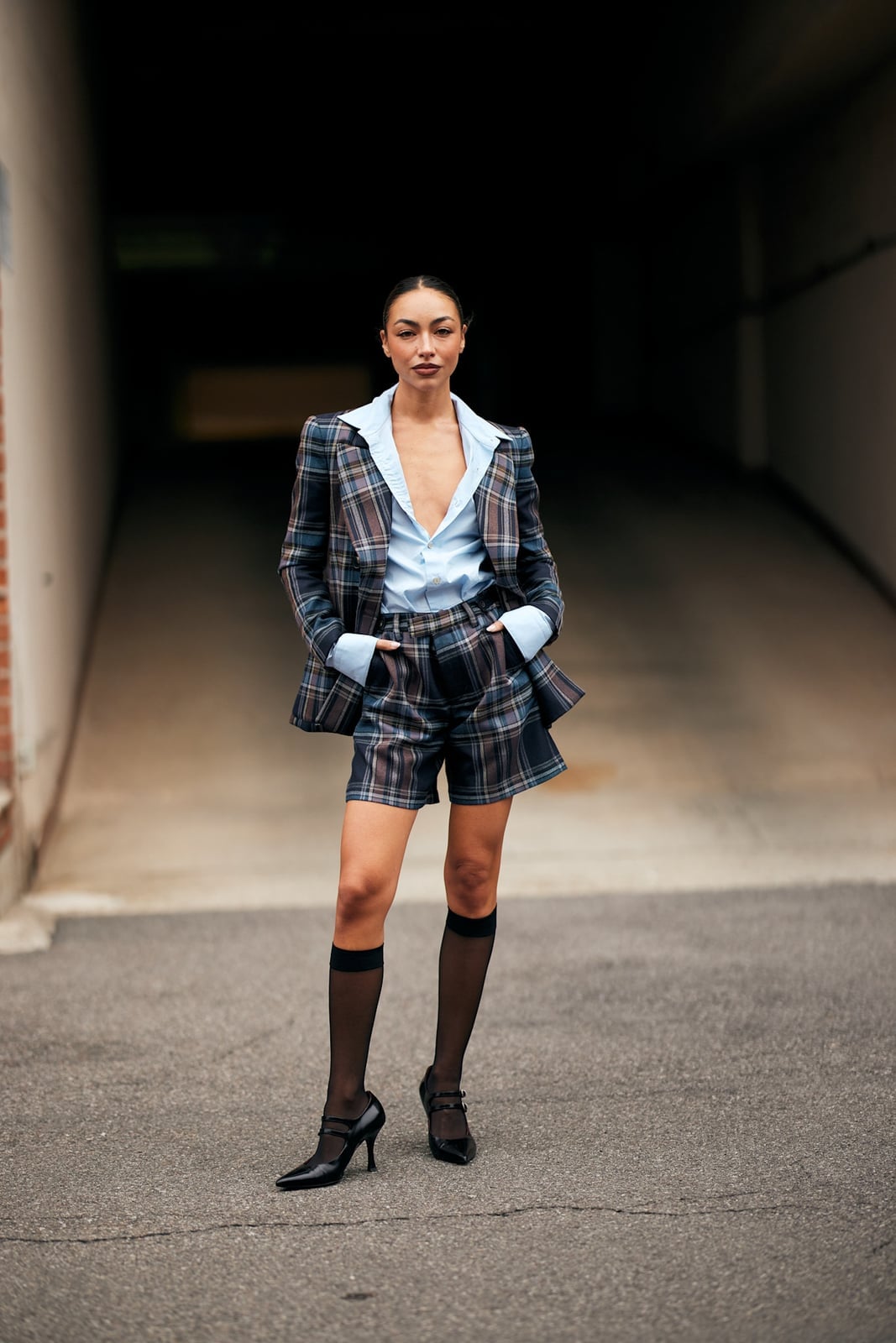 Plaid tailored shorts suit with sheer knee-high socks Plaid tailored shorts suit with sheer knee-high socks — Sheer Socks Outfits 2027