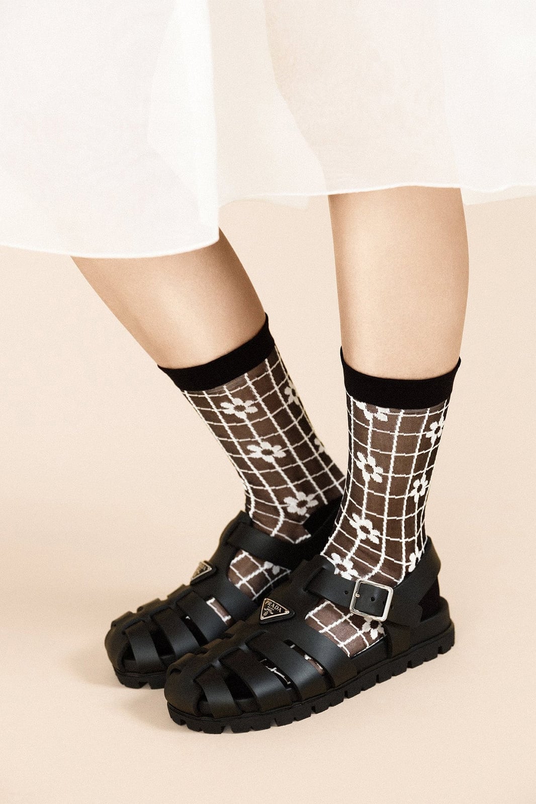 Floral grid pattern sheer socks with fisherman sandals Floral grid pattern sheer socks with fisherman sandals — Sheer Socks Outfits 2027