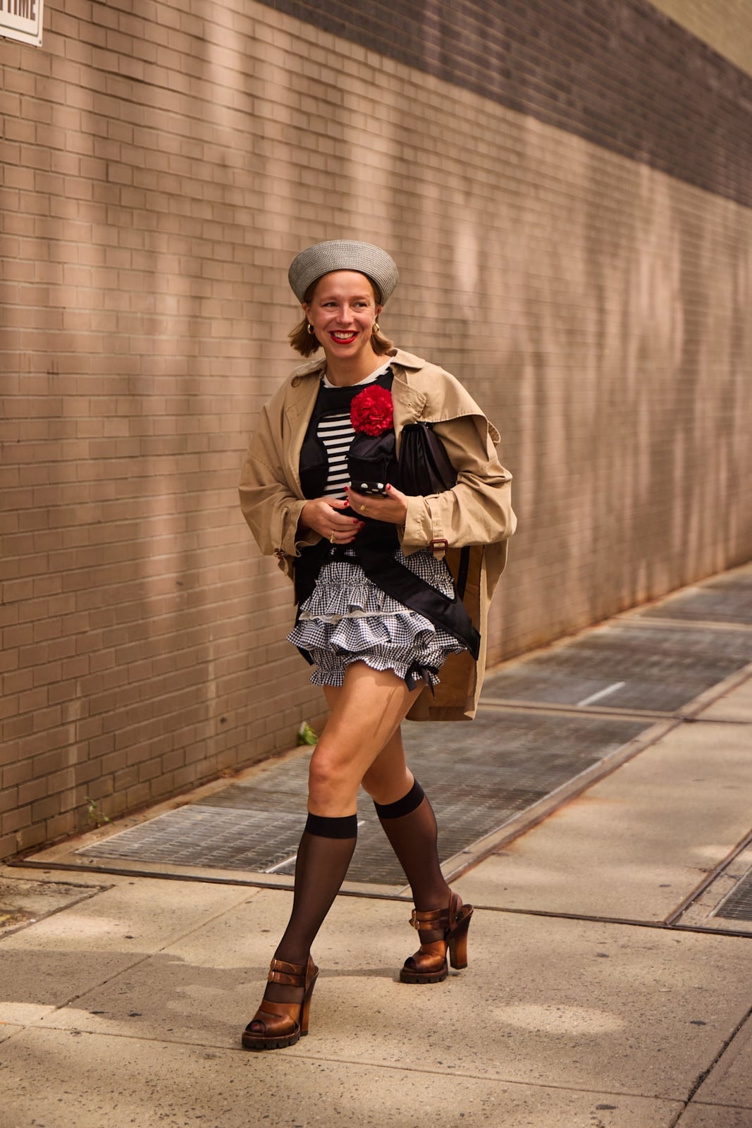 Trench coat over striped top and gingham skirt with sheer socks Trench coat over striped top and gingham skirt with sheer socks — Sheer Socks Outfits 2027