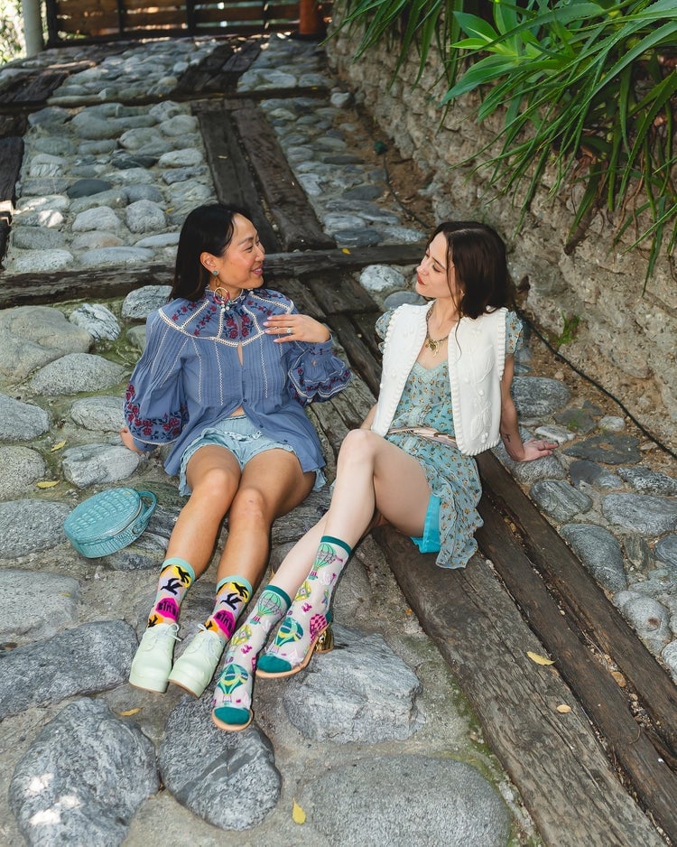 Embroidered blouse and denim shorts with patterned sheer socks Embroidered blouse and denim shorts with patterned sheer socks — Sheer Socks Outfits 2027