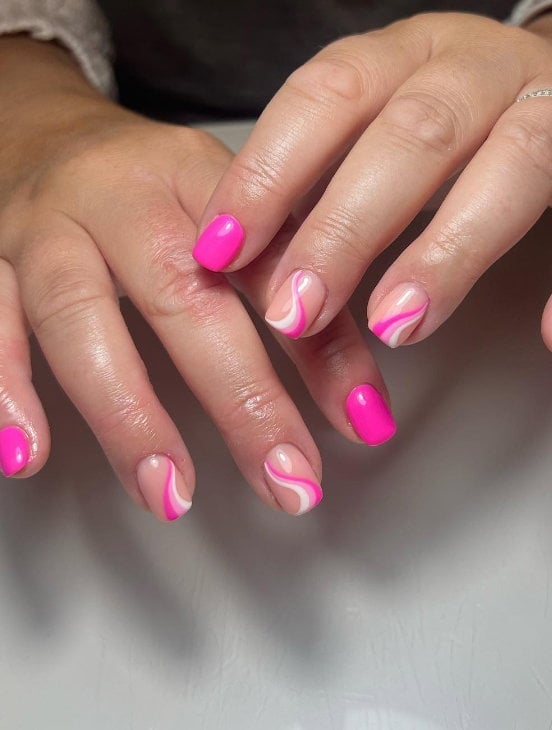 Hot Pink Swirl Design Short Squoval Nails Hot Pink Swirl Design Short Squoval Nails — Short Barbie Nails 2027
