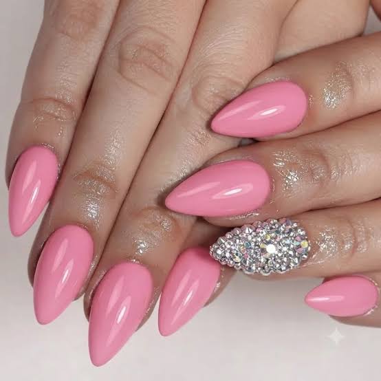 Bright Pink Rhinestone Stiletto Nails, Rhinestones On Accent Nail Bright Pink Rhinestone Stiletto Nails, Rhinestones On Accent Nail — Short Barbie Nails 2027