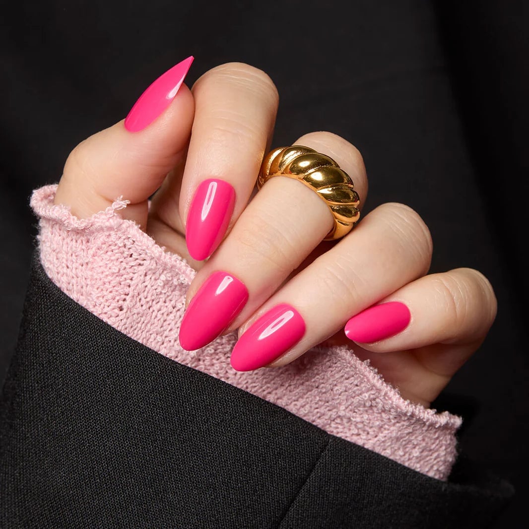 Hot Pink Short Almond Gel Nails, Solid Color Hot Pink Short Almond Gel Nails, Solid Color — Short Barbie Nails 2027