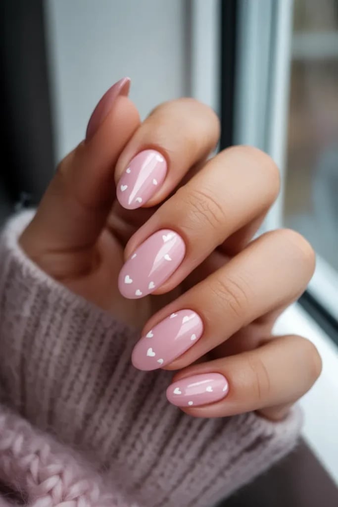 Short Oval Nails All-Over White Heart Pattern Short Oval Nails All-Over White Heart Pattern — Short Heart Oval Nails 2027