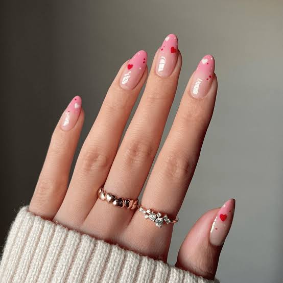 Medium Almond Nails Pink Nude Ombre With Red Hearts Medium Almond Nails Pink Nude Ombre With Red Hearts — Short Heart Oval Nails 2027