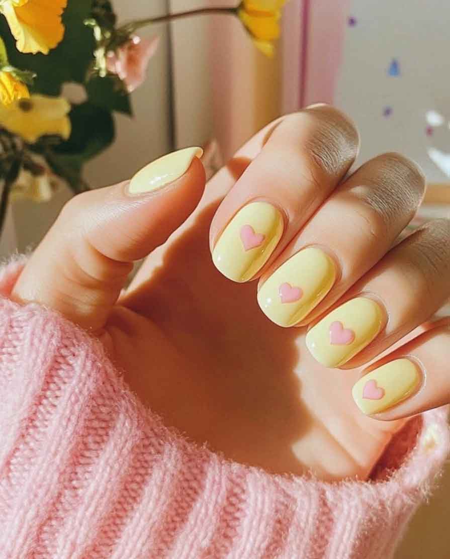 Short Oval Nails Pastel Yellow With Pink Hearts Short Oval Nails Pastel Yellow With Pink Hearts — Short Heart Oval Nails 2027