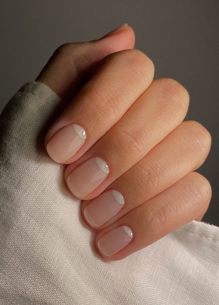 Sheer Nude With White Half Moon French Sheer Nude With White Half Moon French — Short Nails 2027 for Mature Hands