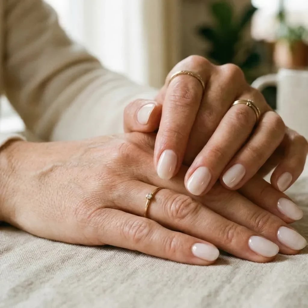 Sheer Milky Pink With Diamond Accent Sheer Milky Pink With Diamond Accent — Short Nails 2027 for Mature Hands